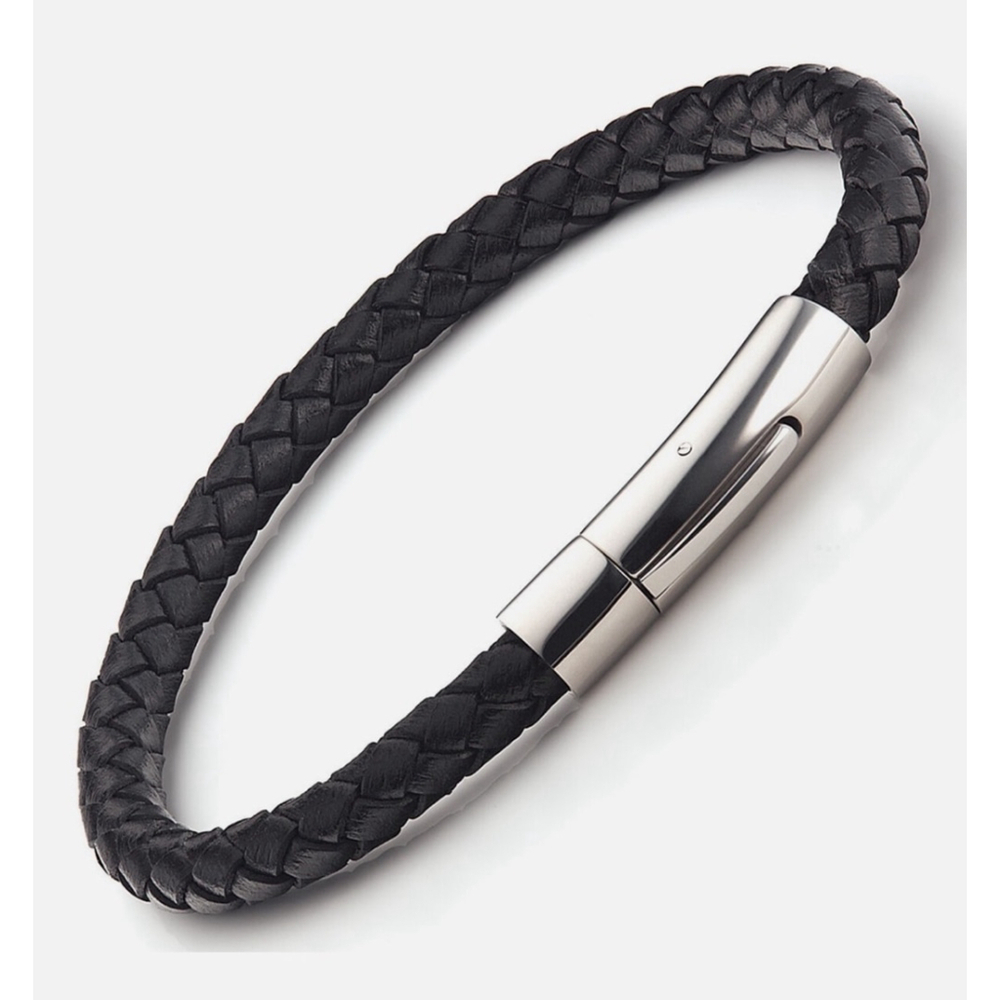 NEW‎ Black Leather Stainless Steel Bracelet, 8.25”